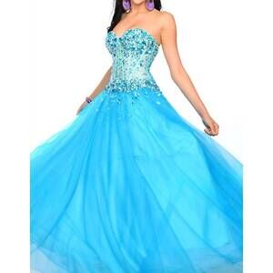 NEW PRECIOUS FORMALS fully-sheer glitzy ballgown in turquoise